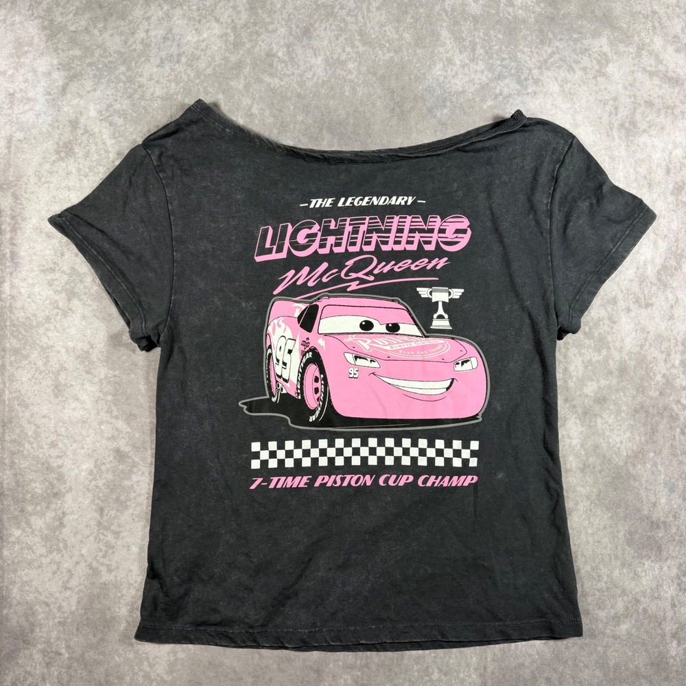 Disney Pixar Cars Lightning McQueen Pink Graphic Tee Washed Black XS Y2K Racing